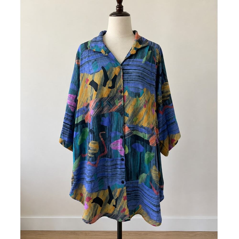 Vintage C.M. Shapes Oversized Tunic Art to Wear Abstract Print Blouse Rayon- XL